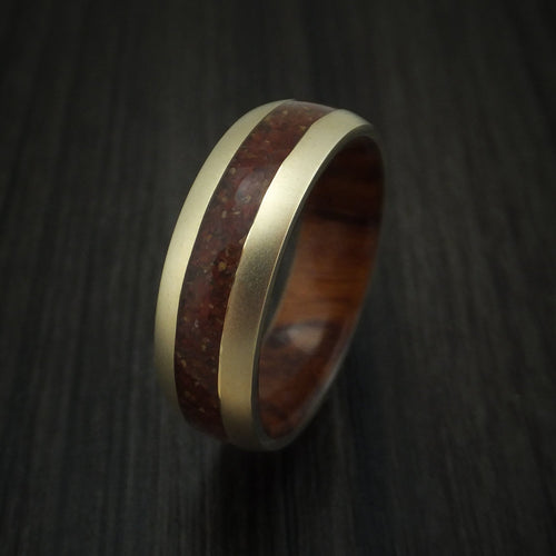 Onyx XII - 14K Yellow Gold And Mixed Dinosaur Bone Men's Wedding Ring With Desert Ironwood Burl Wood Sleeve Fossil Band - view 4 - Nura Lab