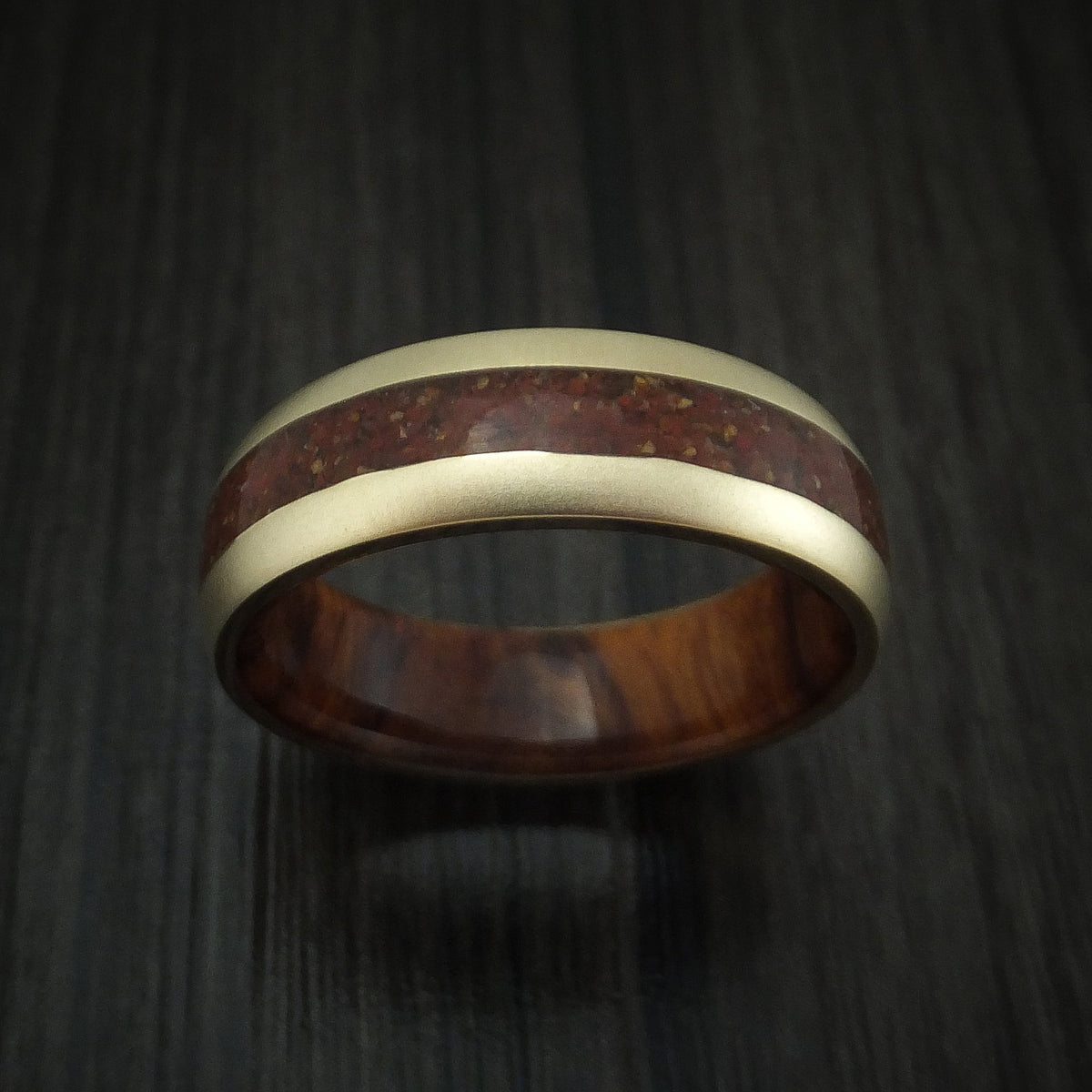 Onyx XII - 14K Yellow Gold And Mixed Dinosaur Bone Men's Wedding Ring With Desert Ironwood Burl Wood Sleeve Fossil Band - view 2 - Nura Lab