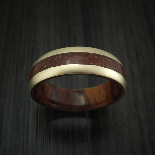 Onyx XII - 14K Yellow Gold And Mixed Dinosaur Bone Men's Wedding Ring With Desert Ironwood Burl Wood Sleeve Fossil Band - view 2 - Nura Lab