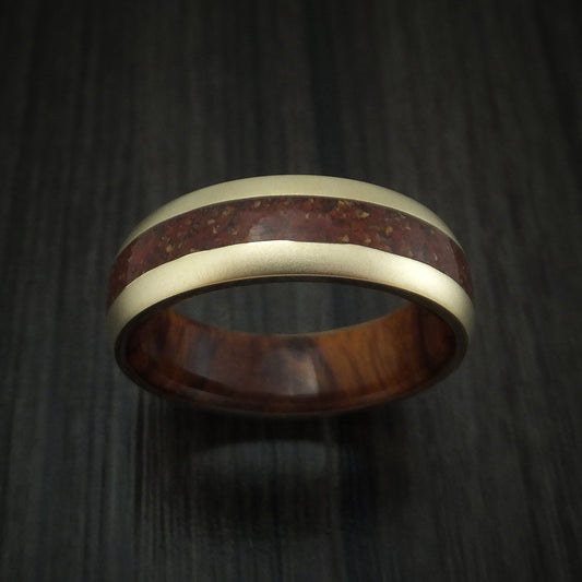 Onyx XII - 14K Yellow Gold And Mixed Dinosaur Bone Men's Wedding Ring With Desert Ironwood Burl Wood Sleeve Fossil Band - view 2 - Nura Lab