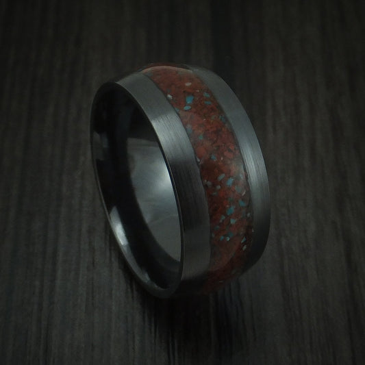 Rimu XVI - Black Zirconium Red Dinosaur Bone with Turquoise Men's Wedding Ring Fossil Band - Nura Lab