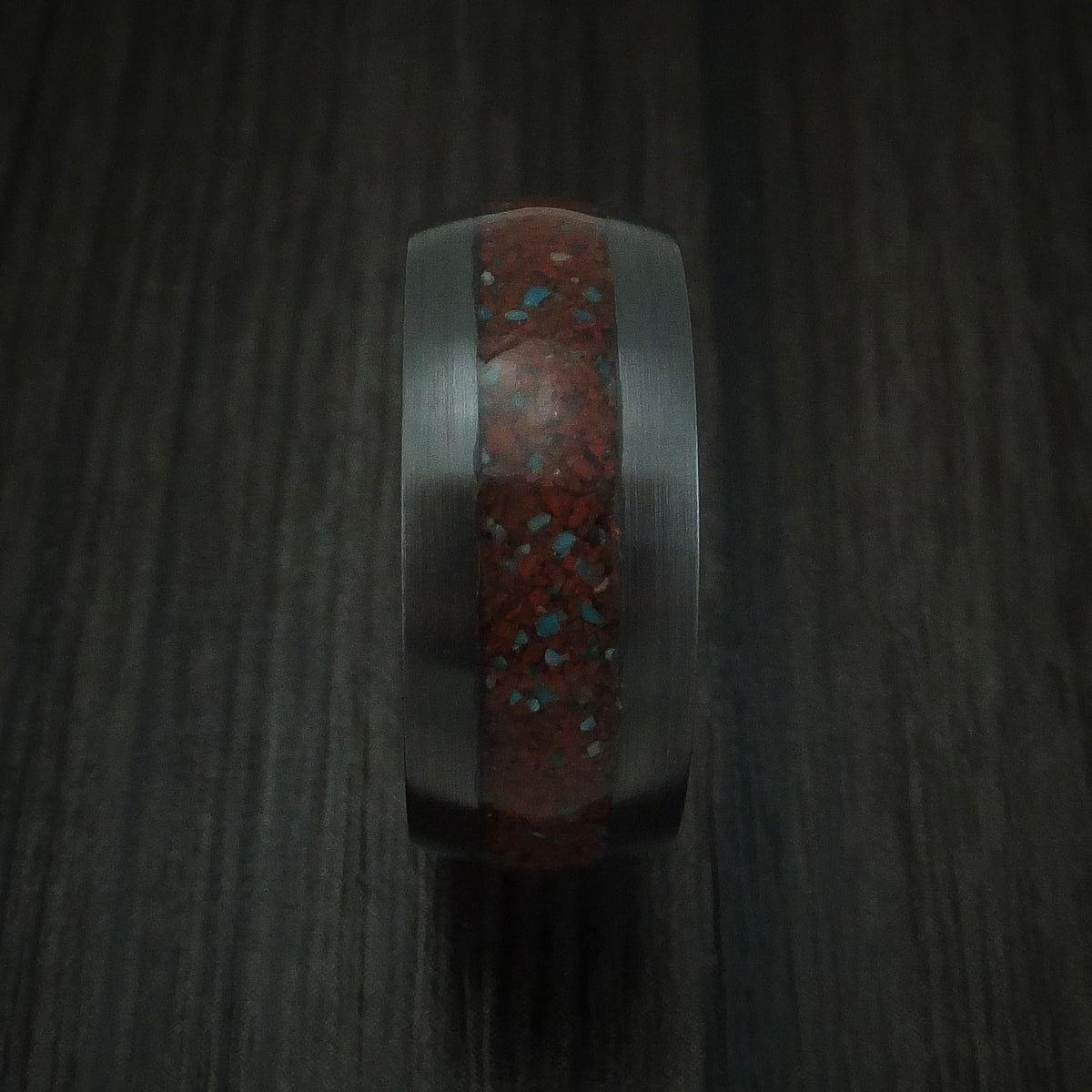 Rimu XVI - Black Zirconium Red Dinosaur Bone with Turquoise Men's Wedding Ring Fossil Band - view 3 - Nura Lab