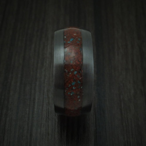 Rimu XVI - Black Zirconium Red Dinosaur Bone with Turquoise Men's Wedding Ring Fossil Band - view 3 - Nura Lab