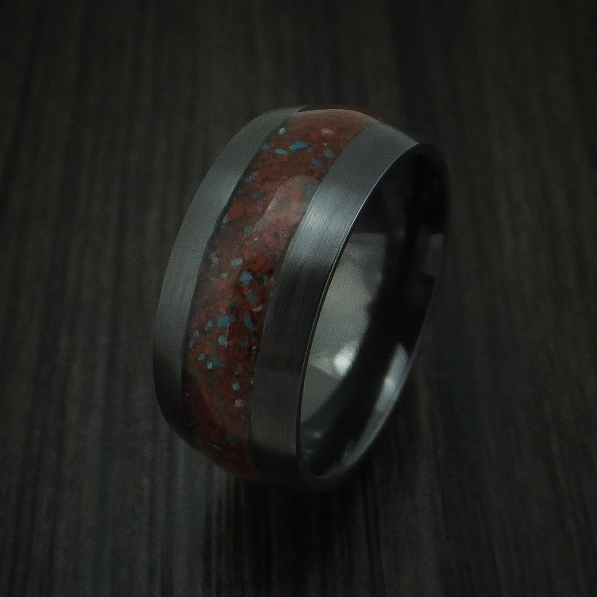 Rimu XVI - Black Zirconium Red Dinosaur Bone with Turquoise Men's Wedding Ring Fossil Band - view 4 - Nura Lab