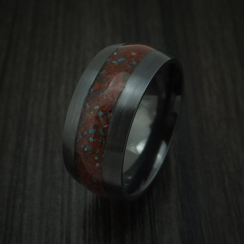 Rimu XVI - Black Zirconium Red Dinosaur Bone with Turquoise Men's Wedding Ring Fossil Band - view 4 - Nura Lab