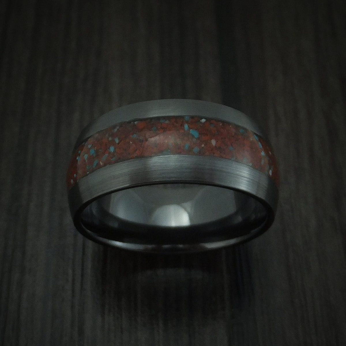Rimu XVI - Black Zirconium Red Dinosaur Bone with Turquoise Men's Wedding Ring Fossil Band - view 2 - Nura Lab