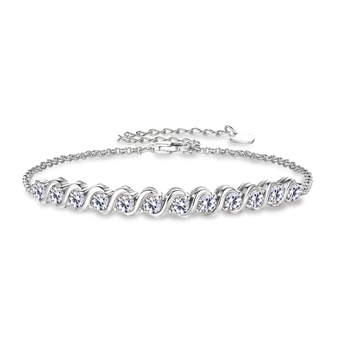 Marigold Wave Moissanite Bracelet by Nura Lab in Platinum plating over sterling silver