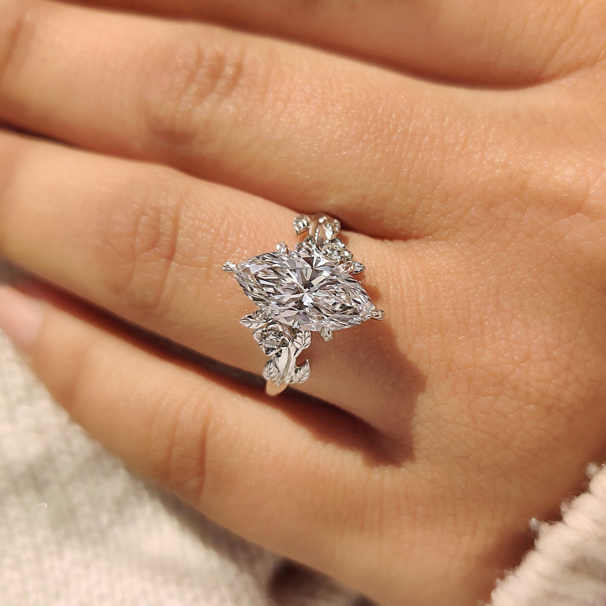 Isadora Sage - Nature Inspired Marquise Cut Engagement Ring in Floral Details