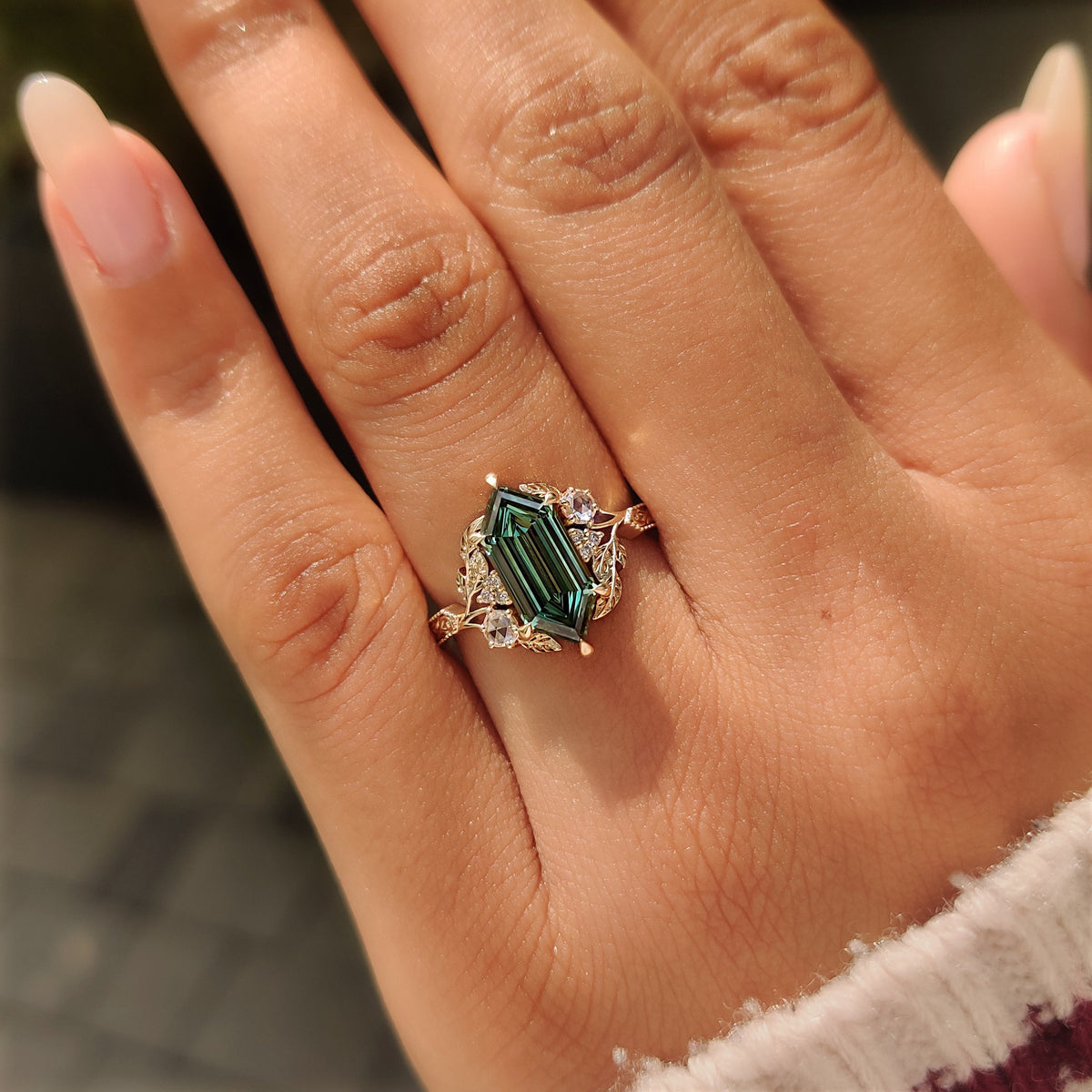 Aurelia Marie - Green Hexagon Step Cut Diamond Cluster Ring in Nature Inspired Style