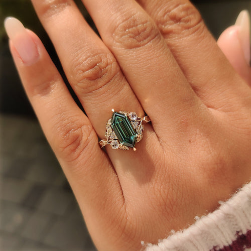 Aurelia Marie - Green Hexagon Step Cut Diamond Cluster Ring in Nature Inspired Style