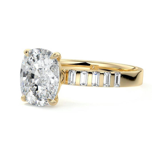 Alessia cushion baguette side stone lab grown diamond engagement ring in yellow gold