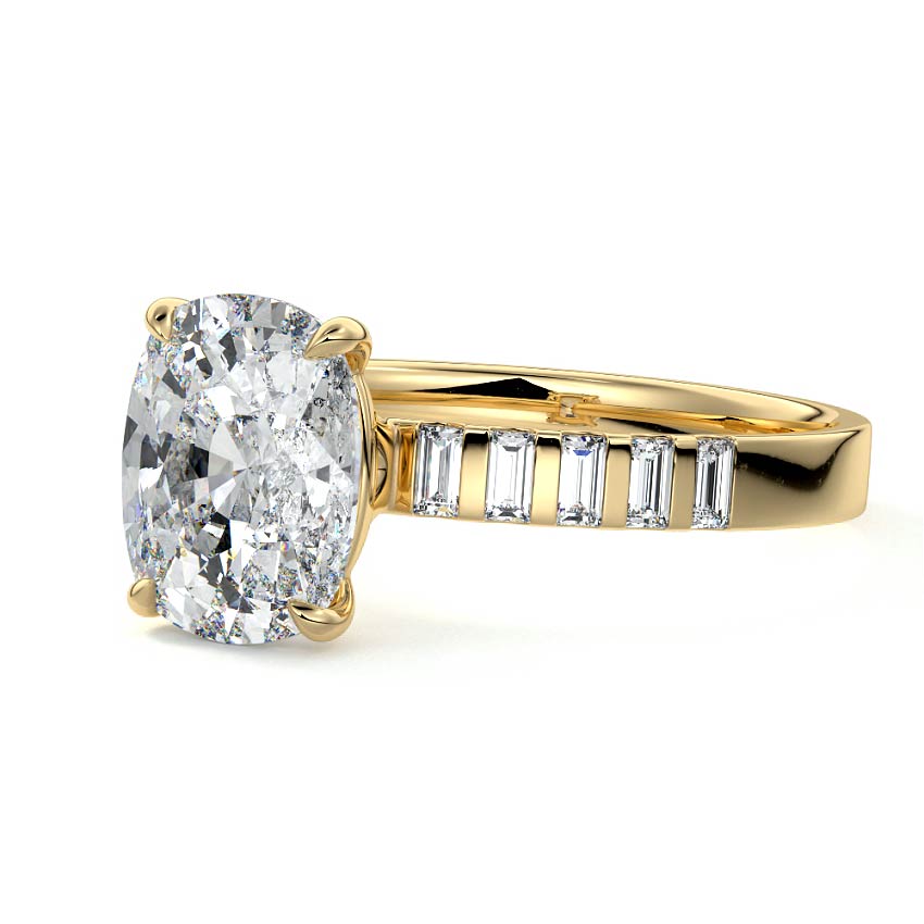 Alessia cushion baguette side stone lab grown diamond engagement ring in yellow gold