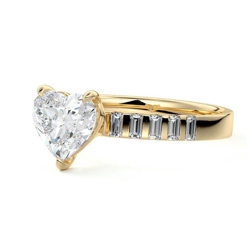 Alessia heart baguette side stone lab grown diamond engagement ring in yellow gold