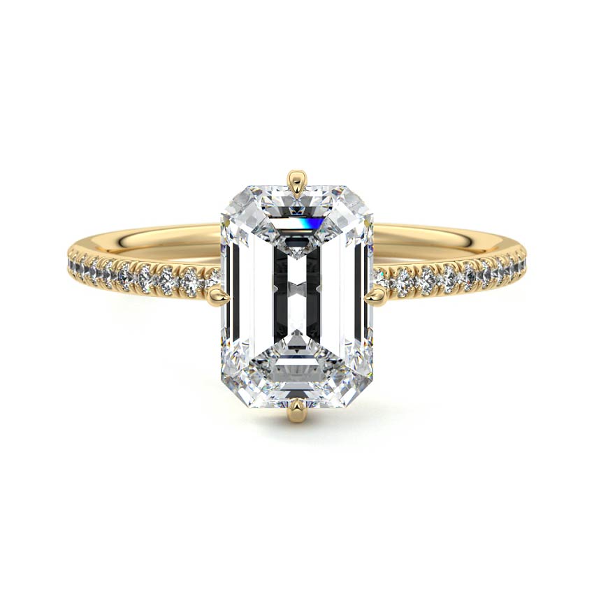 Kara emerald cut hidden halo pavé lab grown diamond engagement ring in yellow gold