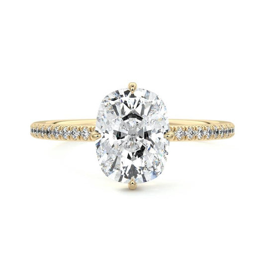 Kara cushion hidden halo pavé lab grown diamond engagement ring in yellow gold