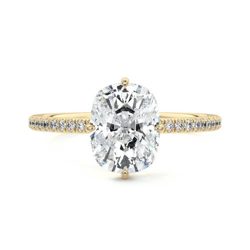 Kara cushion hidden halo pavé lab grown diamond engagement ring in yellow gold