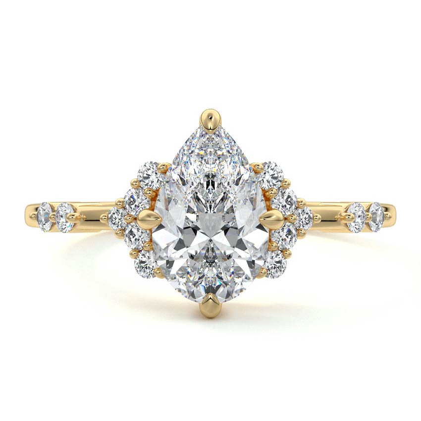 Alessandra pear graduated side stone lab grown diamond engagement ring in yellow gold