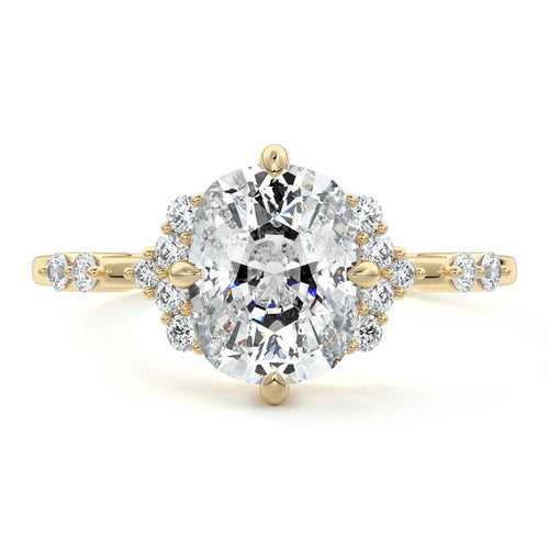 Alessandra cushion graduated side stone lab grown diamond engagement ring in yellow gold