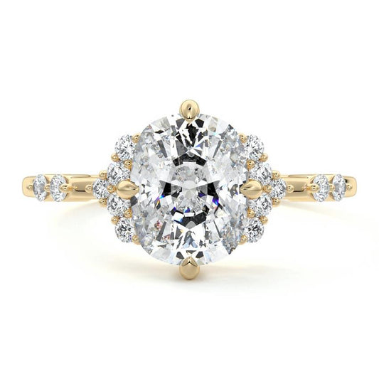 Alessandra cushion graduated side stone lab grown diamond engagement ring in yellow gold