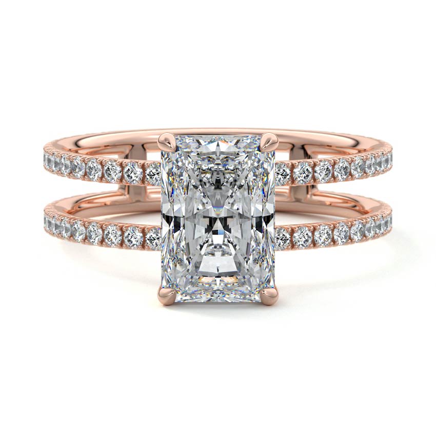 Camila radiant split shank hidden halo pavé lab grown diamond engagement ring in rose gold