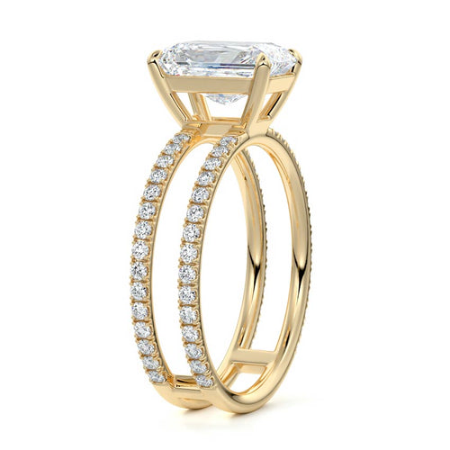 Camila radiant split shank hidden halo pavé lab grown diamond engagement ring in yellow gold
