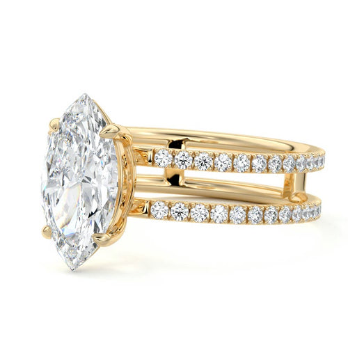 Camila marquise split shank hidden halo pavé lab grown diamond engagement ring in yellow gold
