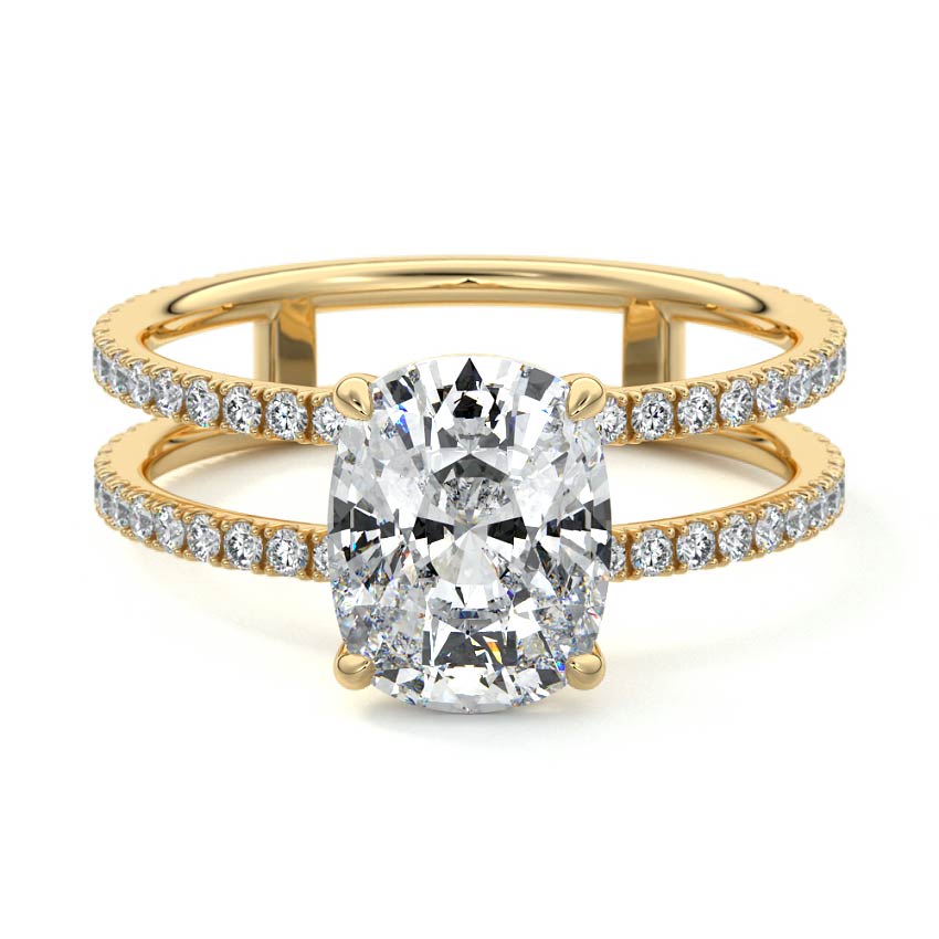 Camila cushion split shank hidden halo pavé lab grown diamond engagement ring in yellow gold