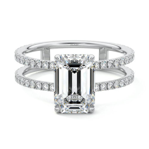 Camila emerald cut split shank hidden halo pavé lab grown diamond engagement ring in platinum
