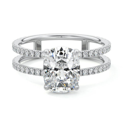 Camila cushion split shank hidden halo pavé lab grown diamond engagement ring in platinum
