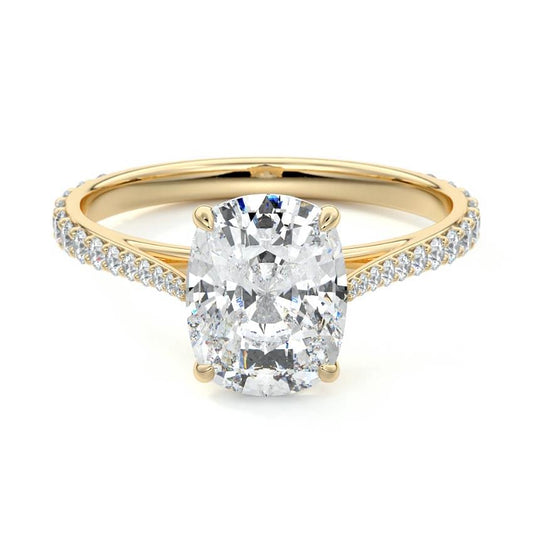 Carina cushion cathedral pavé lab grown diamond engagement ring in yellow gold