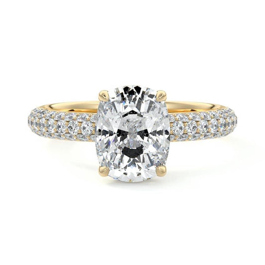 Celine cushion hidden halo pavé lab grown diamond engagement ring in yellow gold