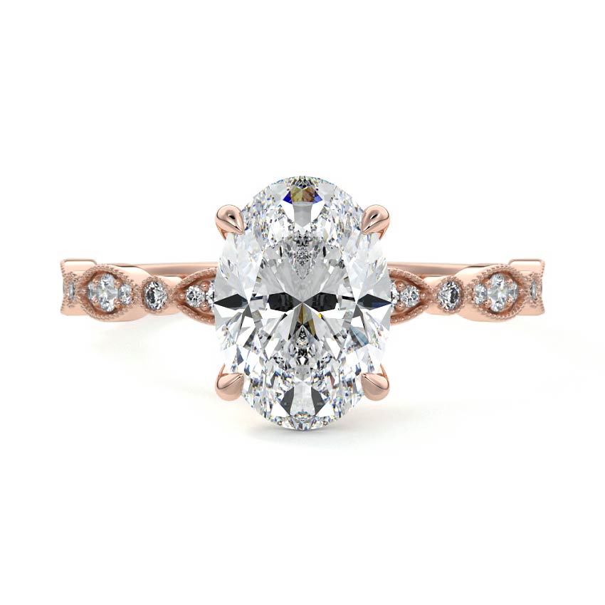 Dahlia oval milgrain side stone lab grown diamond engagement ring in rose gold
