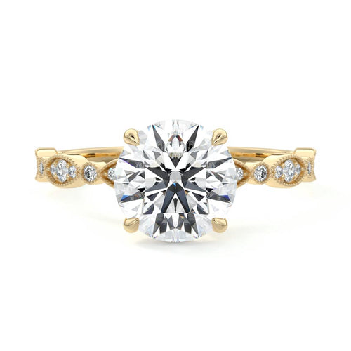 Dahlia round milgrain side stone lab grown diamond engagement ring in yellow gold