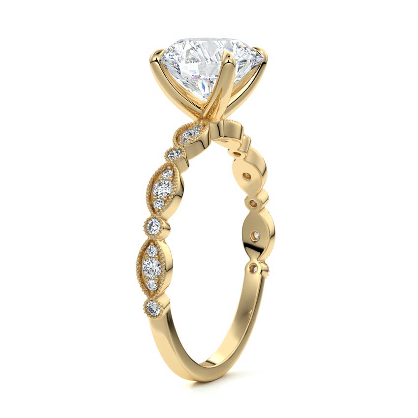 Dahlia round milgrain side stone lab grown diamond engagement ring in yellow gold