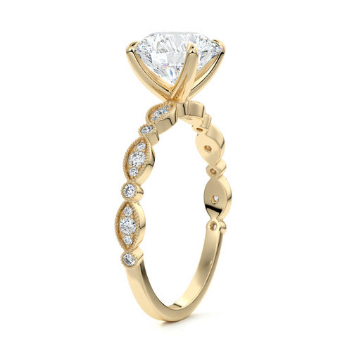 Dahlia round milgrain side stone lab grown diamond engagement ring in yellow gold