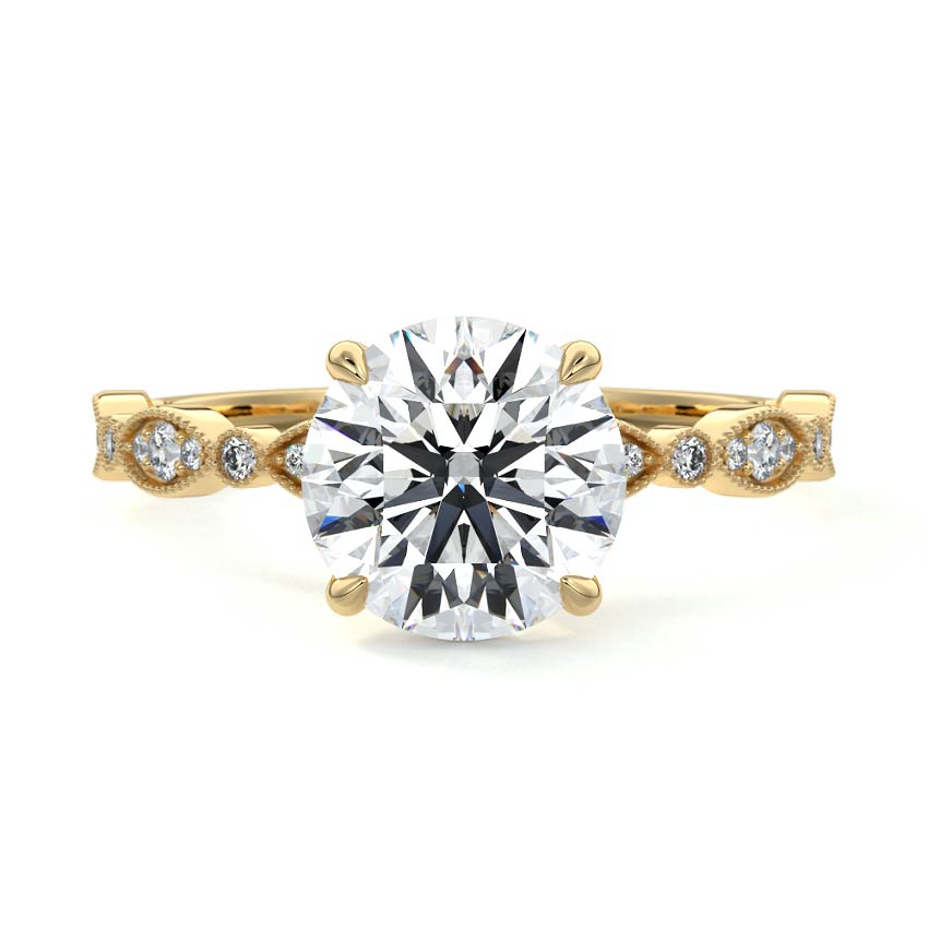 Dahlia round milgrain side stone lab grown diamond engagement ring in yellow gold