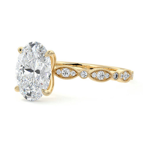 Dahlia oval milgrain side stone lab grown diamond engagement ring in yellow gold