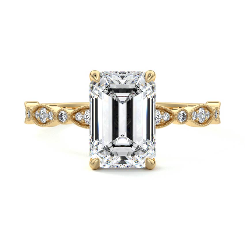 Dahlia emerald cut milgrain side stone lab grown diamond engagement ring in yellow gold