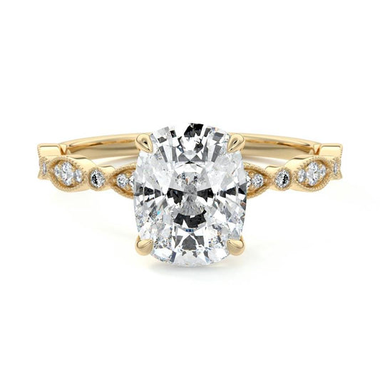 Dahlia cushion milgrain side stone lab grown diamond engagement ring in yellow gold