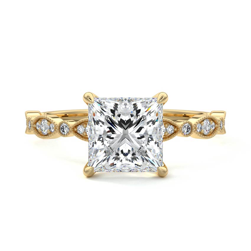 Dahlia princess milgrain side stone lab grown diamond engagement ring in yellow gold