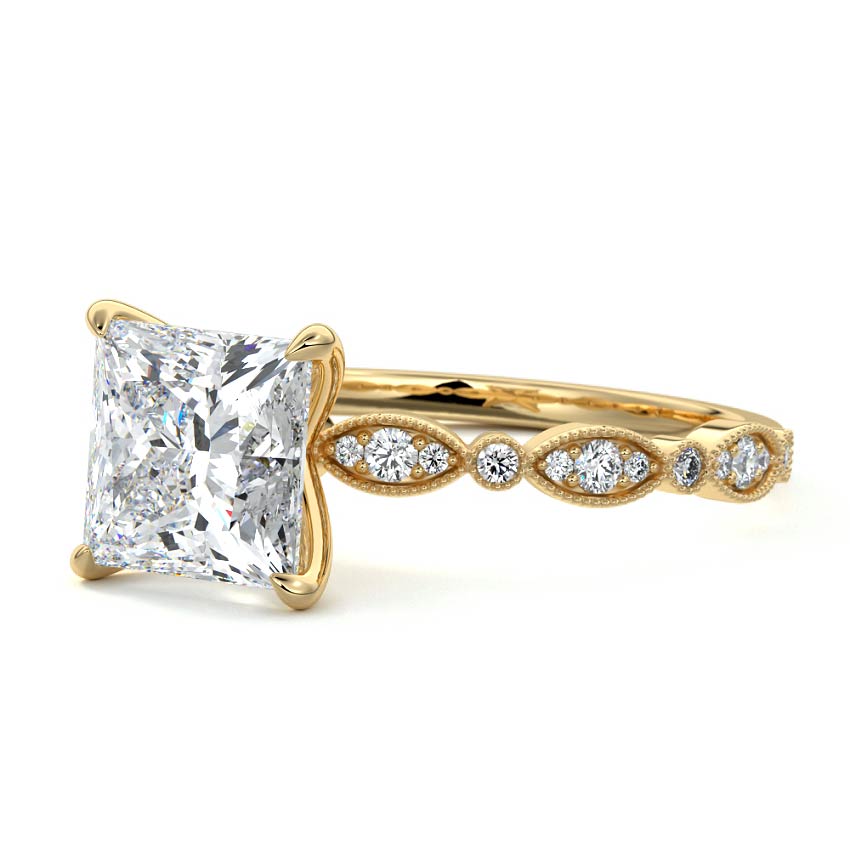 Dahlia princess milgrain side stone lab grown diamond engagement ring in yellow gold