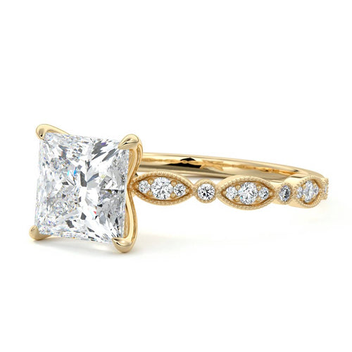 Dahlia princess milgrain side stone lab grown diamond engagement ring in yellow gold