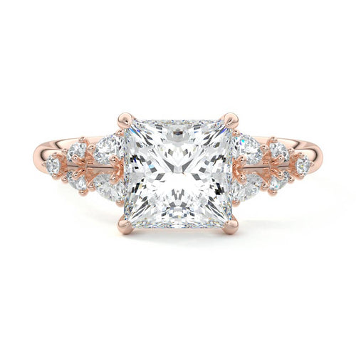 Delia princess floral side stone lab grown diamond engagement ring in rose gold