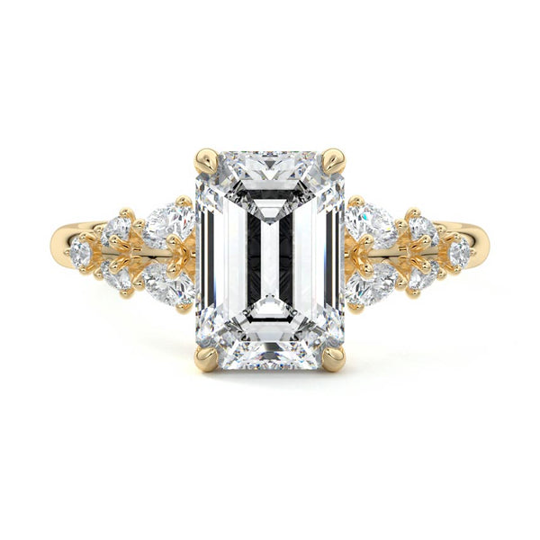Delia - Emerald Cut Floral Side Stone Lab Grown Diamond Engagement Ring