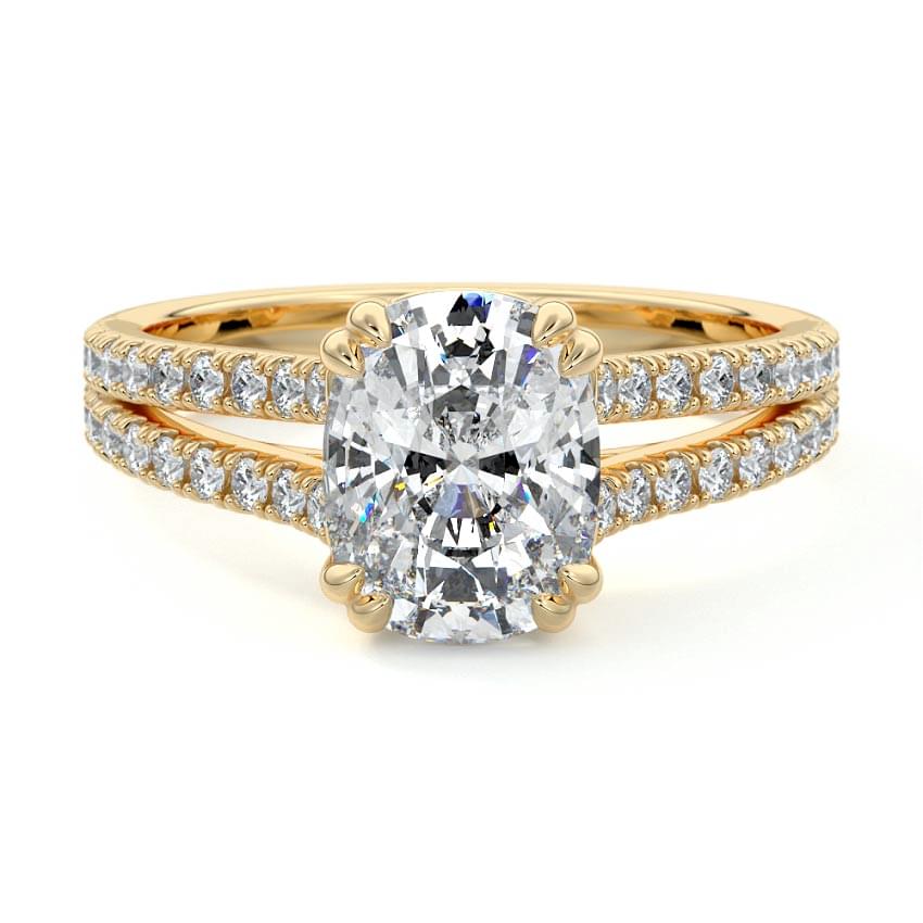 Elara cushion split shank cathedral pavé lab grown diamond engagement ring in yellow gold