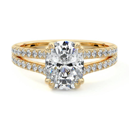 Elara cushion split shank cathedral pavé lab grown diamond engagement ring in yellow gold