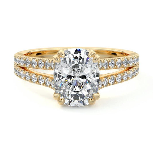 Elara cushion split shank cathedral pavé lab grown diamond engagement ring in yellow gold