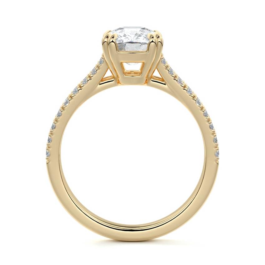 Elara cushion split shank cathedral pavé lab grown diamond engagement ring in yellow gold