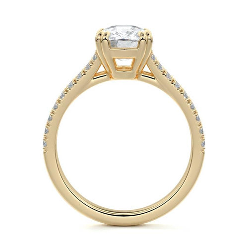 Elara cushion split shank cathedral pavé lab grown diamond engagement ring in yellow gold