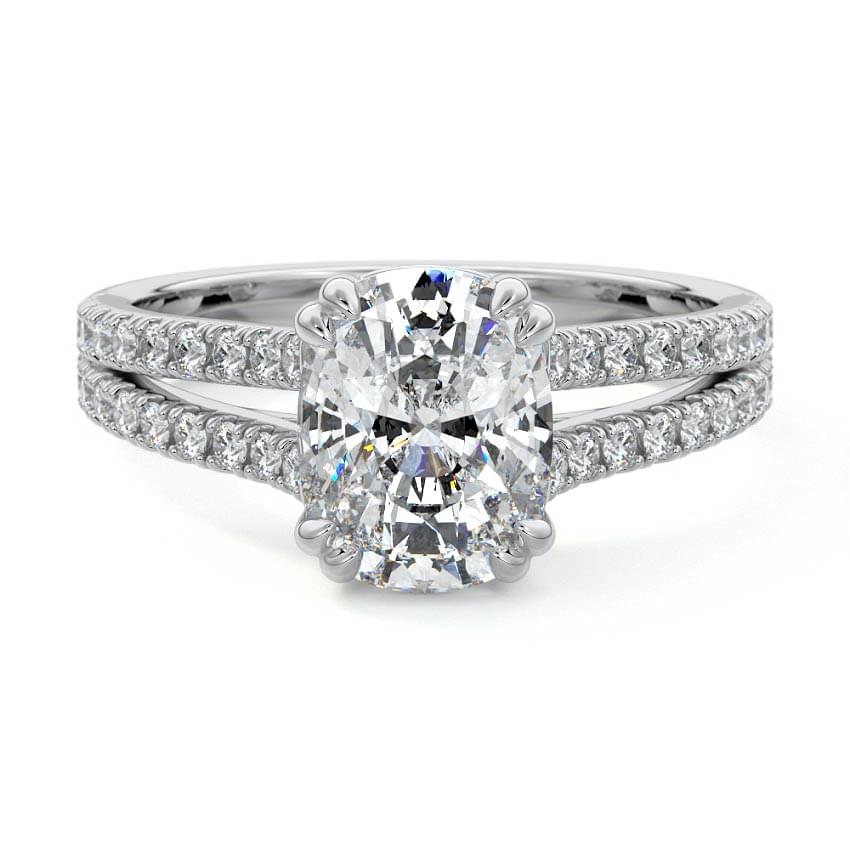Elara cushion split shank cathedral pavé lab grown diamond engagement ring in platinum